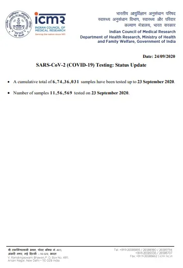 INDIA CORONAVIRUS SAMPLES TESTED DETAILS ICMR 
